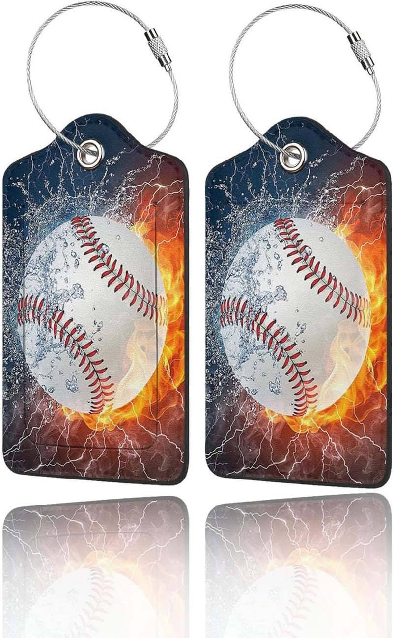 GACCAP 2 Pack Luggage Tags for Suitcase, Privacy Cover ID Label with Stainless Steel and Address Card for Travel Bag Backpack Cruise Ship Essentials Tag Men Boys - Cool Ice Fire Baseball - Image 1
